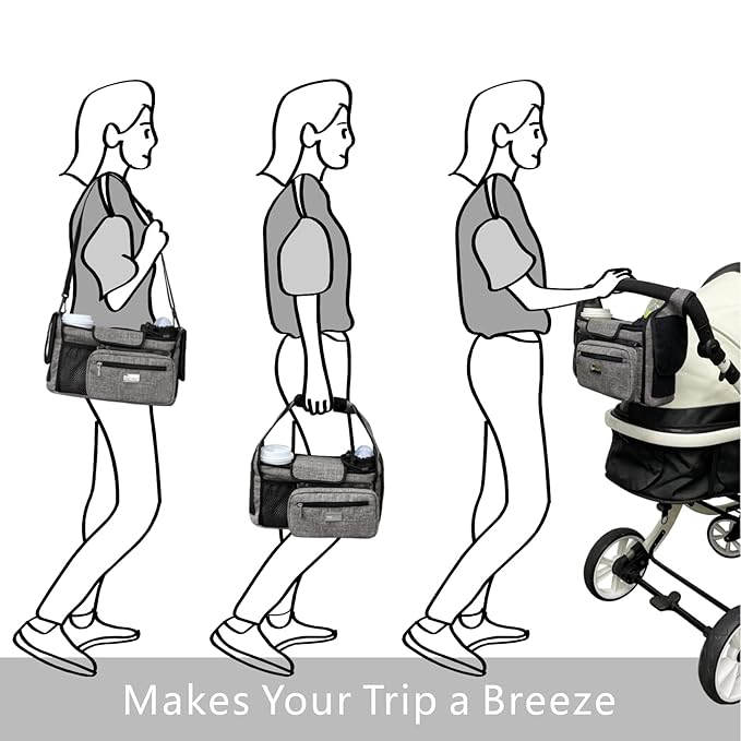 TOPDesign Universal Baby Stroller Organizer, Stroller Caddy with Heightened Insulated Cup Holders & Non-Slip Secure Hooks Accessories, Fits Most Strollers, Machine Washable (Green)-BubblyBeeBaby