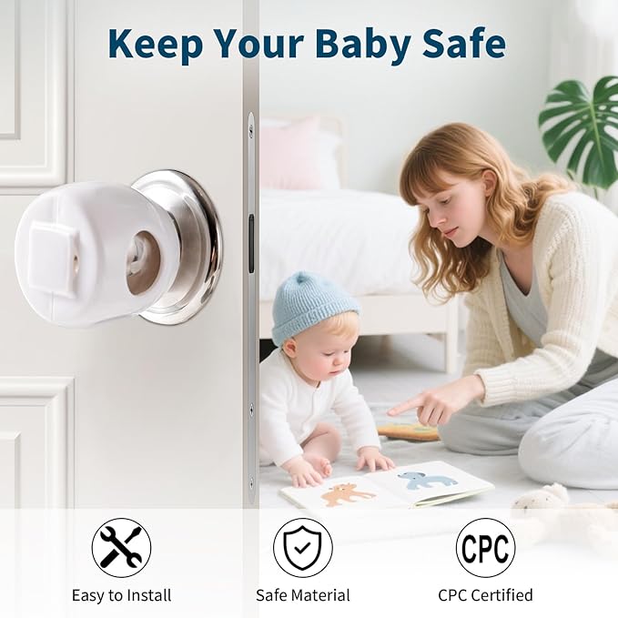 Inaya Door Knob Safety Cover for Kids (4 Pack) β Child Proof Door Knob Covers for Baby Proofing β Door Locks for Kids Safety, Fits Most Round Handles, Easy to Install, White-BubblyBeeBaby