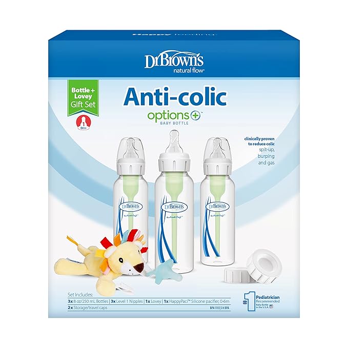 Dr. Brown's Natural Flow® Anti-Colic Options+™ Narrow 8oz/250mL Baby Bottle + Lovey Gift Set with Level 1 Slow Flow Nipples-BubblyBeeBaby
