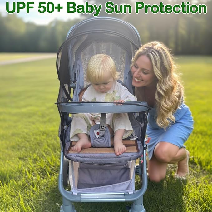 Baby Mosquito Net for Stroller Sun Shade, 2-in-1 Stroller Cover for Sun Protection with Two-Way Zipper and Storage Bag, Breathable Strollers Bug Net Suitable for Bassinet, Cradle, Car Seat – Black-BubblyBeeBaby