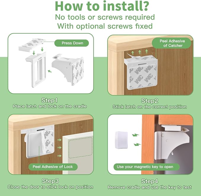 10 Pack Vkania Magnetic Cabinet Locks Baby Proofing - Baby Safety Latches for Drawers and Cabinets - Easy Installation No Drilling-BubblyBeeBaby