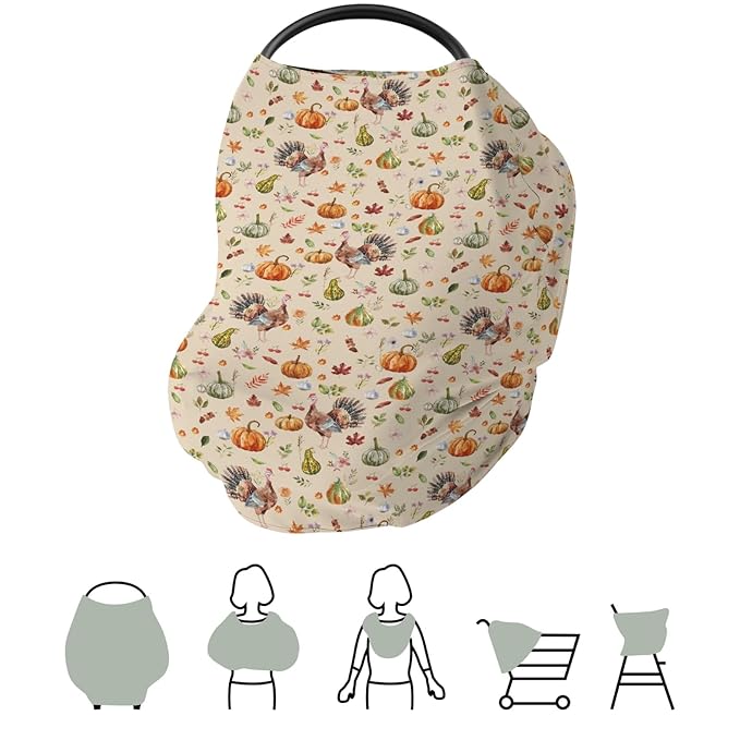 Thanksgiving Turkey Pumpkins Car Seat Covers Vintage Autumn Leaves Stretchy 5-in-1 Cover Adjustable Infant Carseat Cover Canopy Fall Harvest Breathable Nursing Cover-Up-BubblyBeeBaby