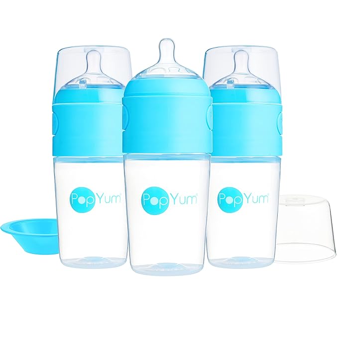 PopYum 9 oz Blue Anti-Colic Formula Making/Mixing/Dispenser Baby Bottles, 3-Pack with #2 Medium Flow Nipples, 260 ml, BPA-Free, Natural Latch-BubblyBeeBaby