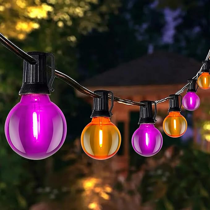 25FT Outdoor Halloween String Lights, G40 Outdoor Halloween Decorations Light with 27 LED Shatterproof Orange Purple Globe Lights(2 Spare), Hanging Patio Lights for Holiday Balcony Backyard Party-BubblyBeeBaby