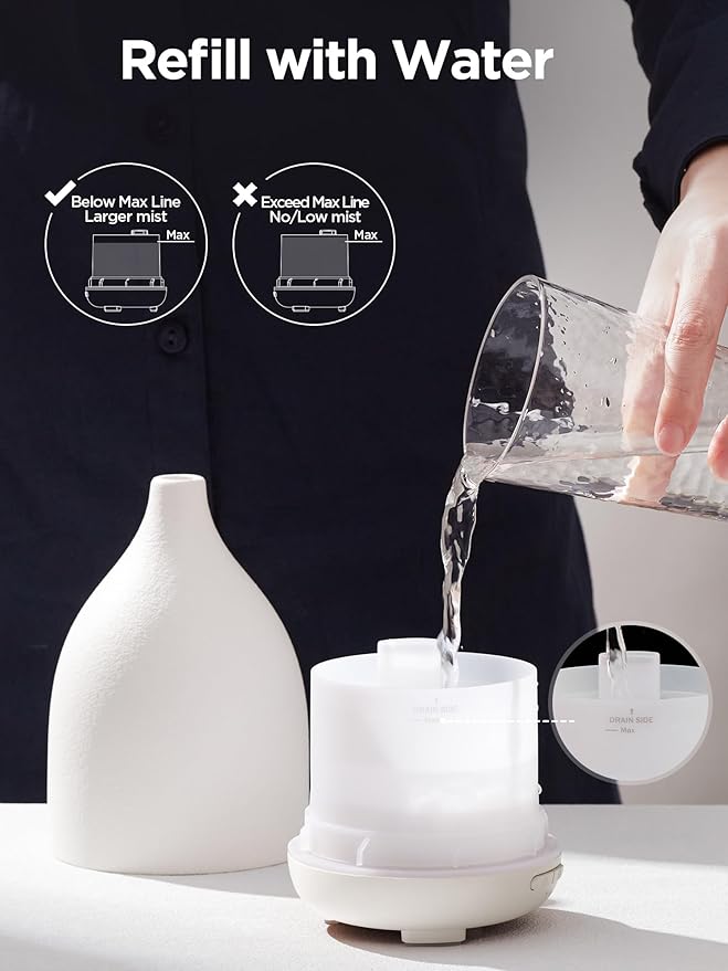 InnoGear Oil Diffuser, 150ML Ceramic Diffuser for Essential Oils Handcrafted Aromatherapy Diffuser Ultrasonic Cool Mist Humidifier with 2 Mist Modes Waterless Auto Off for Room Office, White Base-BubblyBeeBaby