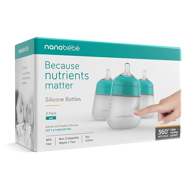 Nanobebe Flexy Silicone Baby Bottles, Anti-Colic, Natural Feel, Non-Collapsing Nipple, Non-Tip Stable Base, Easy to Clean - 3-Pack, Teal, 9 oz-BubblyBeeBaby