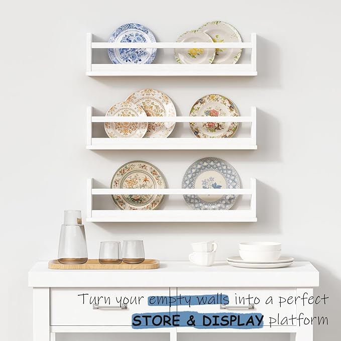 24 Inch White Wall Bookshelf for Kids Room, Floating Nursery Book Shelves Wall Mounted with Lip and Hanging Rod for Baby Girl Boy Bedroom, Large Corner Hanging Children Bookshelves -Set of 3-BubblyBeeBaby