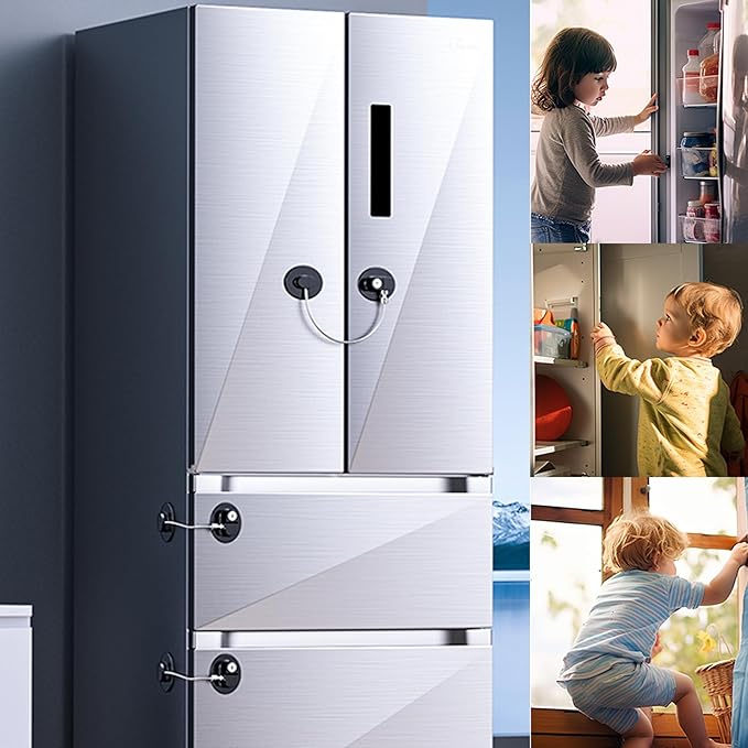 2 Pack Refrigerator Lock with Sticky Adhesive Pads, Child Proof Refrigerator/Fridge/Freezer Door Lock for Toddlers and Kids, Baby Safety Locks for RV Refrigerator, Cabinets and Drawers, Oven (Patent)-BubblyBeeBaby