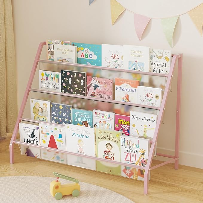 High-Transparent 4 Tier Kids Bookshelf, Sturdy Metal Large Size Book Rack Storage for Kids - Toddler Book Shelf Display for Nurasery, Playroom or Kids Room, Bookshelf Hold More Books - Pink-BubblyBeeBaby
