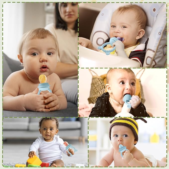 JEXFUN Silicone Baby Fruit Food Feeder Pacifier & Breastmilk Popsicle Freezer Molds for Cooling Relief, BPA Free Silicone Feeder to Safely Introduce New Foods, Double as Teething Toys, 4 Month+-BubblyBeeBaby