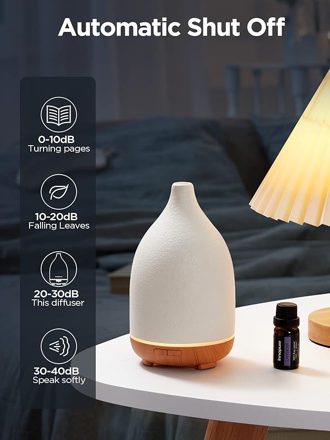 InnoGear Oil Diffuser, 150ML Ceramic Diffuser for Essential Oils Handcrafted Aromatherapy Diffuser Ultrasonic Cool Mist Humidifier with 2 Mist Modes Waterless Auto Off for Room Office, White-BubblyBeeBaby