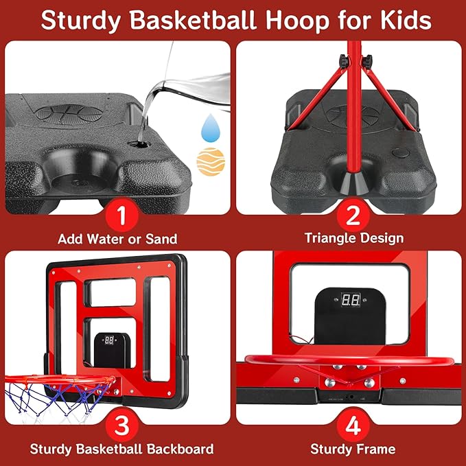 Kids Basketball Hoop Adjustable Height 3.5FT-6.2FT, Indoor Outdoor Toddler Basketball Hoop with LED Scoreboard, Boys Basketball Toy for 3 4 5 6 7 8 Years Gift, Portable Basketball Goals Sport Game-BubblyBeeBaby