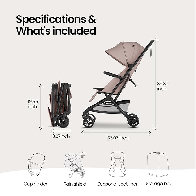 Mompush Velo Lightweight Travel Stroller – One-Hand Fold, Ultra-Compact & Airplane Friendly, Lie-Flat Recline Seat (from Birth to 50 lbs), Includes Cup Holder, Shoulder Strap, and Leather Bumper Bar-BubblyBeeBaby
