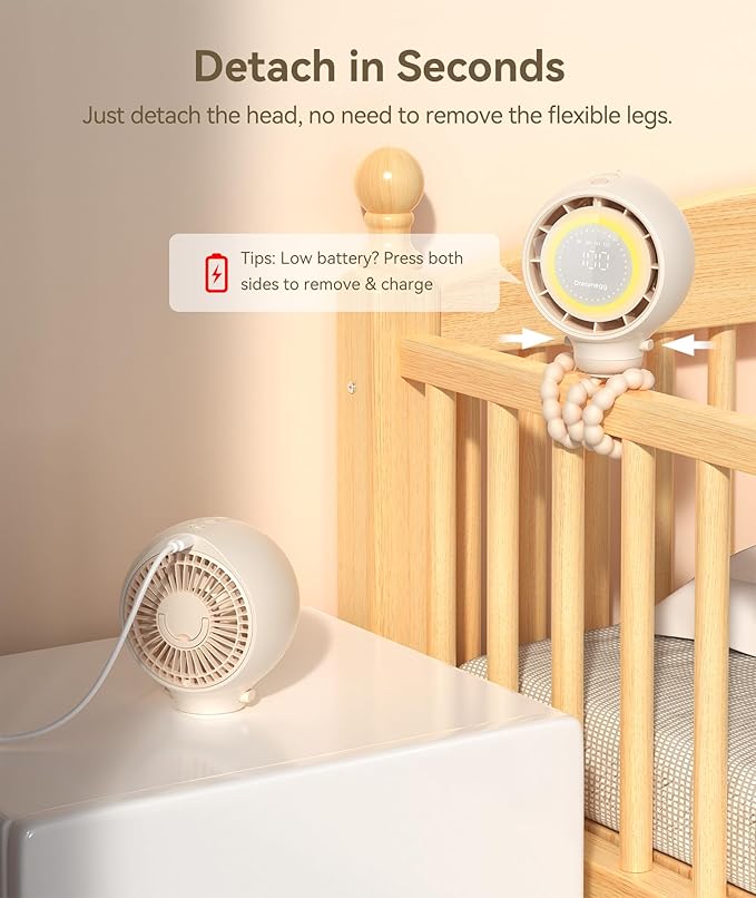 Dreamegg Portable Stroller Fan - 4000mAh Rechargeable Baby Stroller Fan With LED Display, Night Light, Hidden Blade, Detachable 4 Speed 360ยฐRotate, Handheld Cooling for Crib,Travel, Car Seat, Bedroom-BubblyBeeBaby