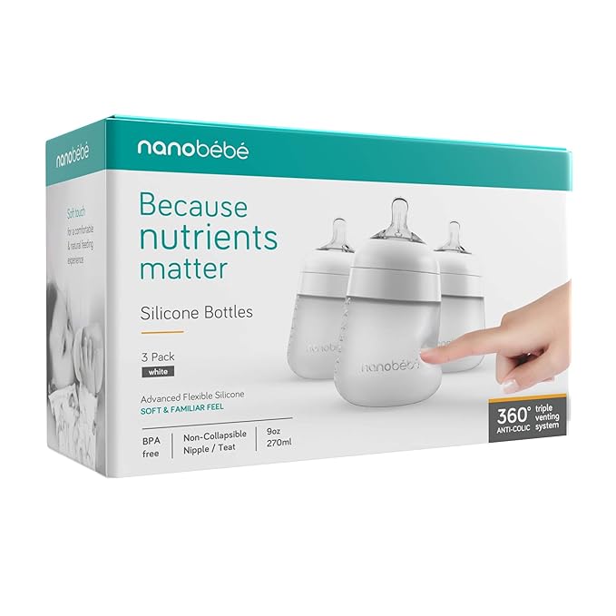 Nanobebe Flexy Silicone Baby Bottle, Anti-Colic, Natural Feel, Non-Collapsing Nipple, Non-Tip Stable Base, Easy to Clean, 3-Pack, White, 9oz-BubblyBeeBaby