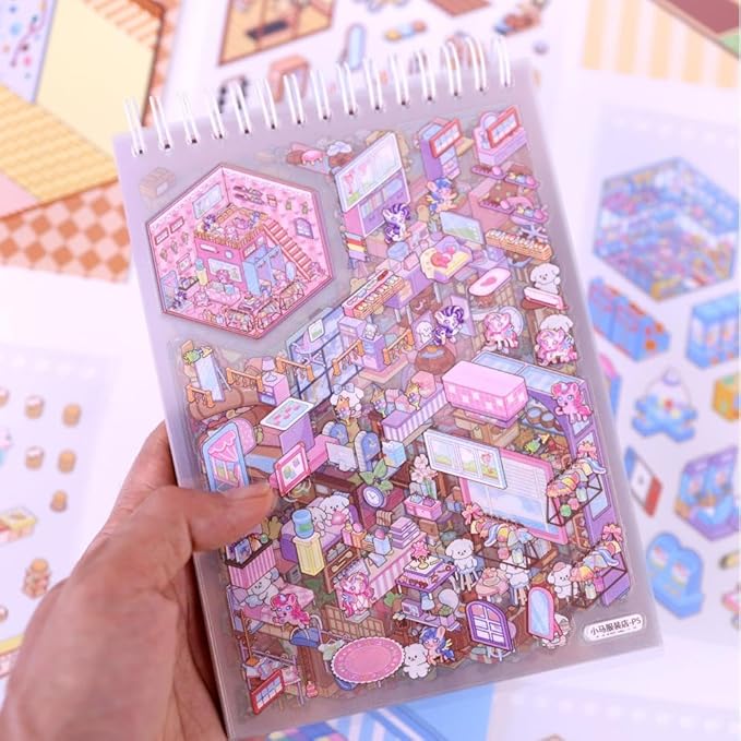 20 Sets DIY 3D Sticker Scenes for Adults with Tweezer, Kawaii 3D House Miniature Sticker Therapy, Make Your Own Mini Room Scene Collection Book for Adult Kids Relief Stress Pass The Time-BubblyBeeBaby