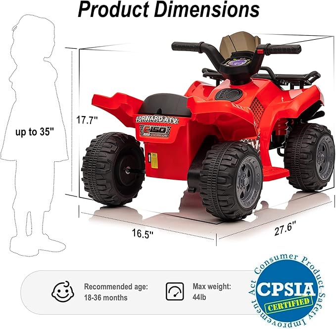 Kids ATV 4 Wheeler, 6V Ride-On Toy for Toddlers Boys & Girls with Music, Forward & Reverse - Red-BubblyBeeBaby