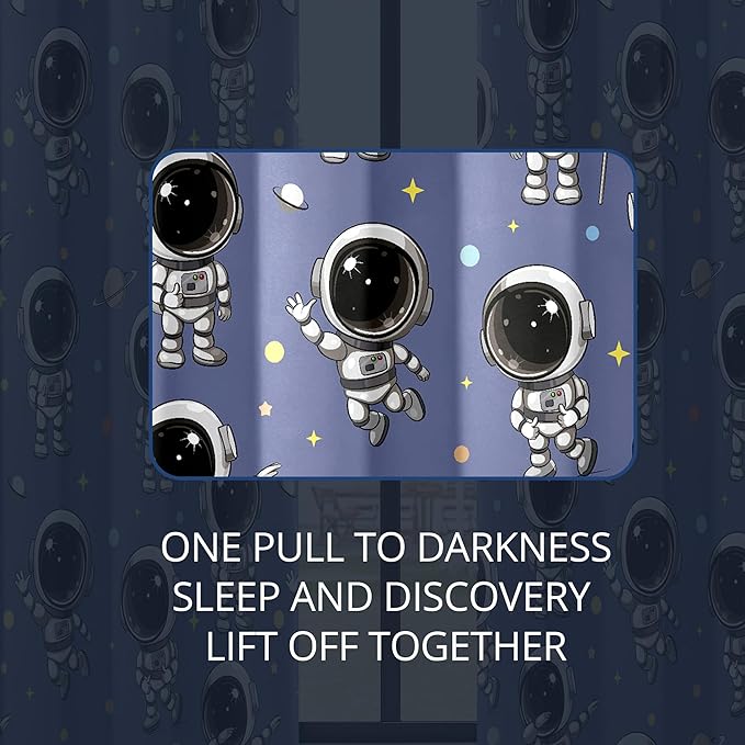 Kids Astronaut Blackout Curtains - 100% Blackout, Thermal Insulated, Noise Reducing, Perfect for Kids Room and Nursery, 2 Panels (Spacewalk Buddies, W52×L84)-BubblyBeeBaby