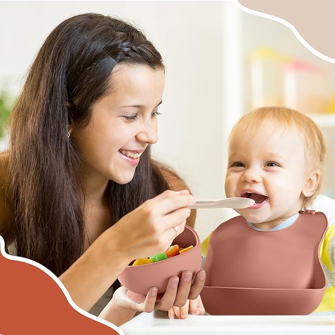 10 Pack Silicone Baby Feeding Set, Toddlers Led Weaning Feeding Supplies with Suction Baby Bowl Divided Plate Adjustable Bib Soft Silicone Spoon Fork, Infant Self Eating Utensil Set (Beige, Orange)-BubblyBeeBaby