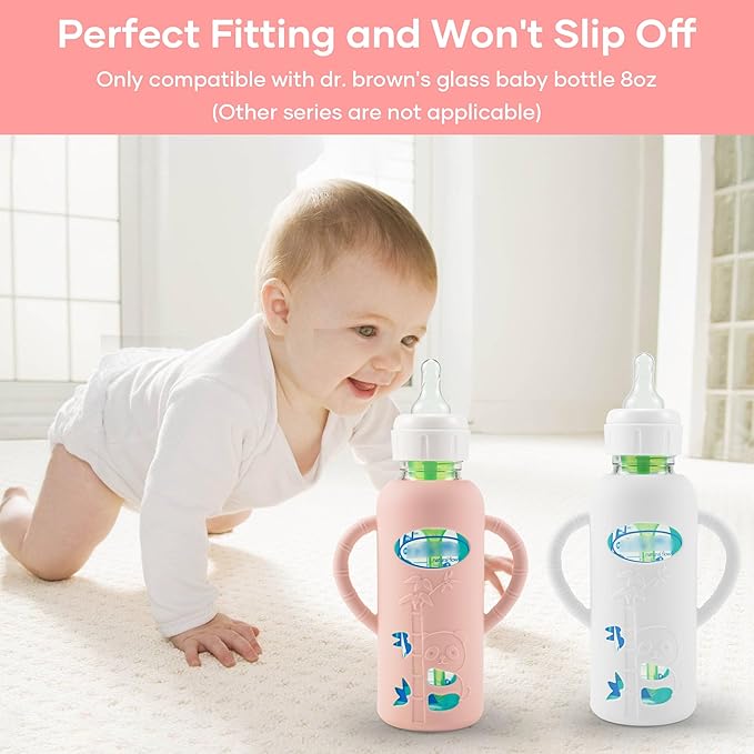 2 Pack Silicone Sleeves for Dr. Brown's Glass Baby Bottles, Anti Breakage Durable Baby Bottle Holder with Easy Grip Handles, Narrow Sleeve with a Cutout, Dishwasher/Freezer/Microwave Safe, 8 oz-BubblyBeeBaby