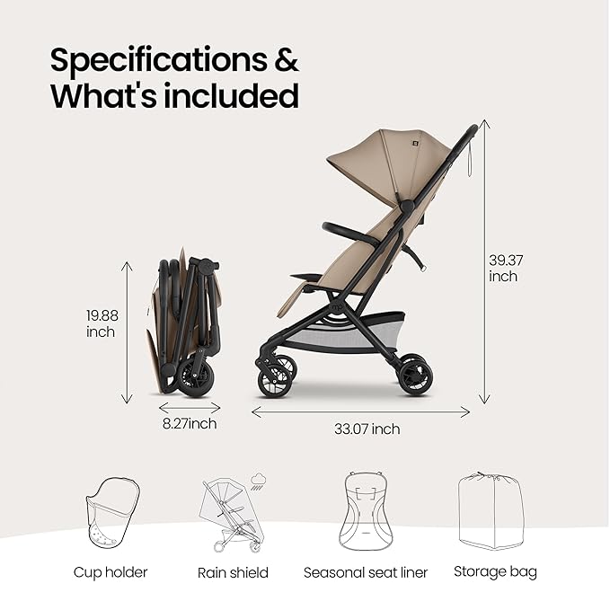 Mompush Velo Lightweight Travel Stroller – One-Hand Fold, Ultra-Compact & Airplane Friendly, Lie-Flat Recline Seat (from Birth to 50 lbs), Includes Cup Holder, Shoulder Strap, and Leather Bumper Bar-BubblyBeeBaby