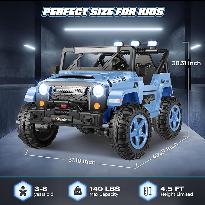 Hikole 2 Seater XL Ride on Cars for Kids - 24V Electric Car with 20 Inch Wide Seat, 4WD/2WD Switch, Remote Control, LED Lights, Music Player, Battery Powered Car for Kids, Blue-Gray-BubblyBeeBaby