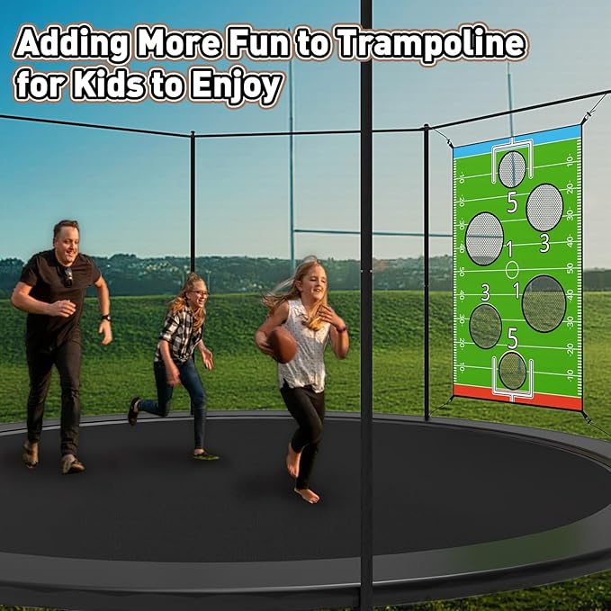 jumpfly Trampoline Football Game Accessories, Toss Throwing Target Net Fits 8 FT/10 FT/12 FT/14 FT Recreational Trampolines with Two Footballs - Trampoline Indoor Outdoor Party Games for Kids-BubblyBeeBaby