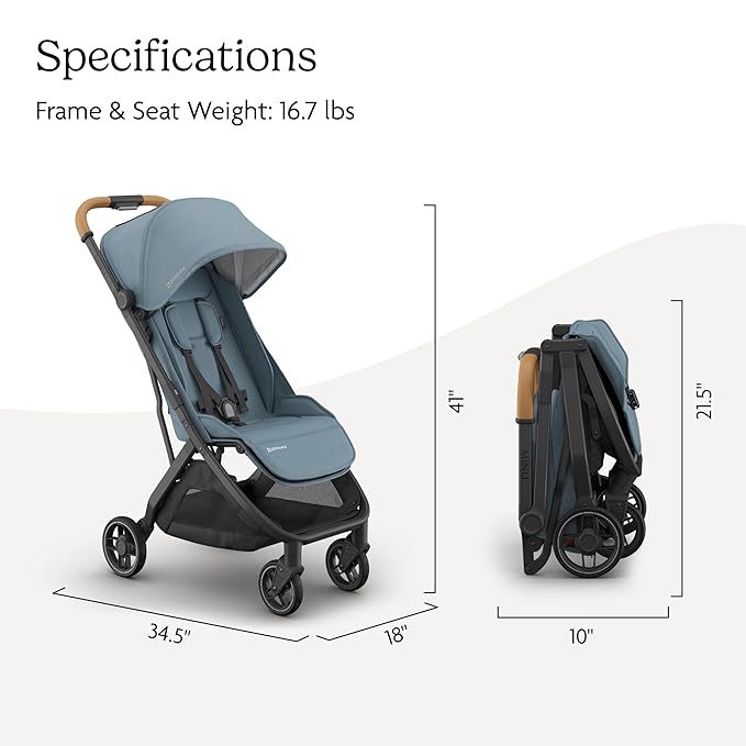 UPPAbaby Minu V3 Travel Stroller | Lightweight + Compact Design | One-Hand Fold + Unfold | from Birth + Overhead Compatible | Dillan (Stone Blue/Carbon Frame/Sand Leather)-BubblyBeeBaby
