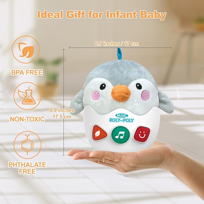 Infant Toys 0-3-6-12 Months Shower Gifts, Plush Cute Stuffed Animal Penguin Musical Baby Tummy Toys with Light & Sounds, Roly-Poly Easter Birthday Gift for Newborn Boys & Girls-BubblyBeeBaby