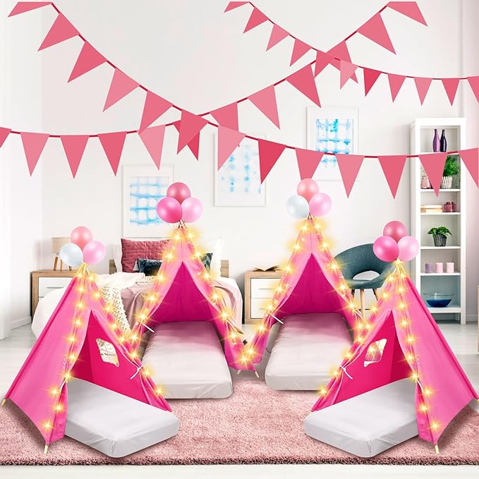 2 Pack Kids Teepee Tent with Mattress,Fitted Sheet,Light String,Washable Natural Cotton Toddler Play Tent for Girls Boys Indoor Outdoor Sleepover Slumber Birthday Party(Rose Red)-BubblyBeeBaby