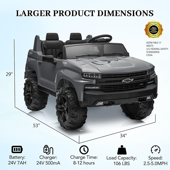 Hetoy 24V 2-Seater Truck Licensed Chevrolet Silverado Ride On Car Toy w/Parent Remote Control,4xSpring Suspension, 3 Speeds, Wireless Music, MP3 Player, Electric Vehicle Car for Kids,Grey-BubblyBeeBaby