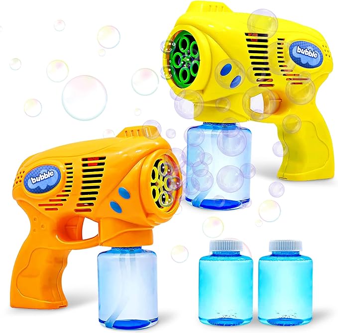 JOYIN 2 Bubble Guns with 2 Refill Solution (10 oz Total), Bubbles Maker, Blower for Kids, Toddlers, Outdoors Activity, Birthday Gift, Easter Basket Stuffers (Yellow+Orange)-BubblyBeeBaby