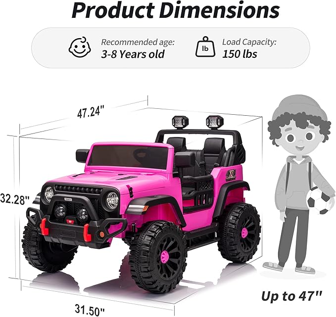 2 Seater Ride on Toy Car for Kids, 24V 4x4 Ride-on Truck Kids Electric Car w/Remote Control, 4x200W Motors - Hot Pink-BubblyBeeBaby