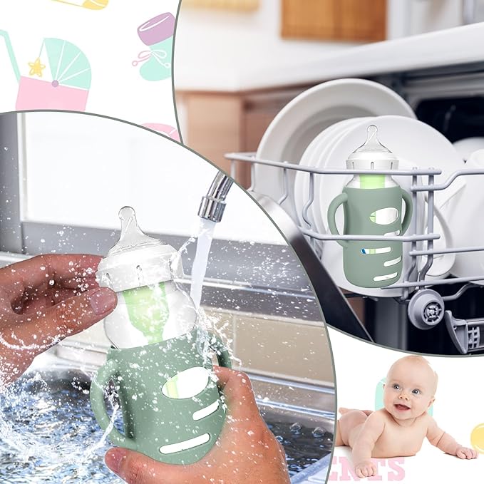 BUSOHA 3 Pack Silicone Sleeves for Dr Brown's Glass Baby Bottles - Drop Protection Baby Bottle Sleeves,Compatible with Dr. Brown's Newborn Glass Bottles,with Silicone Handles,9 oz-BubblyBeeBaby