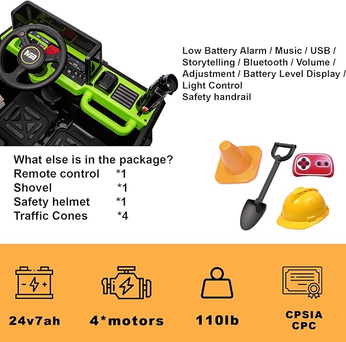 24V Ride On Dump Truck, 24inch-2 Seater Ride On Car for Kids w/Remote Control 4WD/2WD Up to 5 Mph, 24v Ride on Toys for Big Kids w/Electric Dump Bed Extra Shovel Traffic Cones (Green)-BubblyBeeBaby