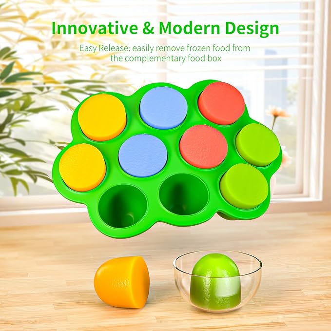 10 Cavities 2 OZ Portions Silicone Baby Food Freezer Tray with Lid,Ice Cube Trays & Molds,Baby Popsicle Mold,Egg Bite Molds,for Freezing and Baking Breast Milk,ice Cube,Egg Bites (Green)-BubblyBeeBaby