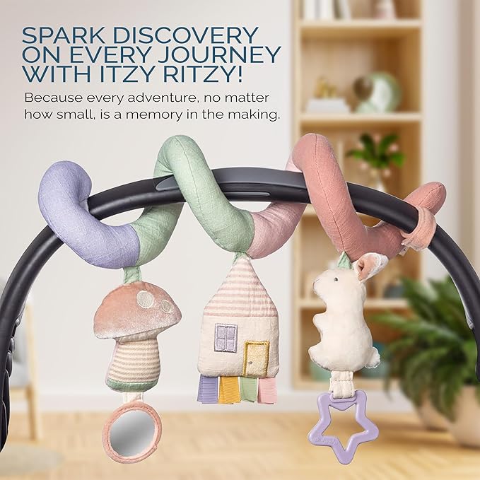 Itzy Ritzy Spiral Car Seat & Stroller Activity Toy - Stroller & Car Seat Toys for Ages 0 Months and Up - Hanging Toys Include Dangling Ring, Mirror and Textured Ribbons (Pastel Rainbow)-BubblyBeeBaby