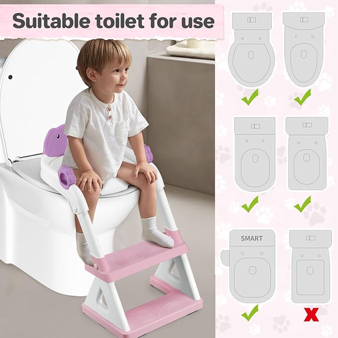 2 In 1 Potty Training Toilet Seat & Toddler Step Stool, Bottom Triangle Stability Toddler Toilet Seat, Adjustable Step & Seat Height Potty Seats for Toddlers Boys Girls (Purple)-BubblyBeeBaby