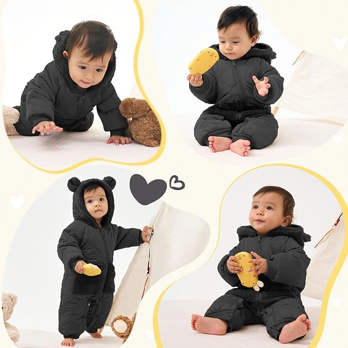 JiAmy Baby Snowsuit Newborn Winter Clothes Coat Romper Windproof Fleece Hat Zipper Baby Bear Outfit-BubblyBeeBaby