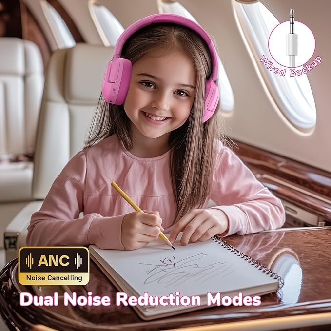 iClever BTH20 Active Noise Cancelling Headphones for Kids, 60H Play Time,Type C Fast Charging, Safe Volume 80dBA, Bluetooth5.4, Award-Winning Kids Headphones Wireless for iPad Tablet Airplane, Pink-BubblyBeeBaby