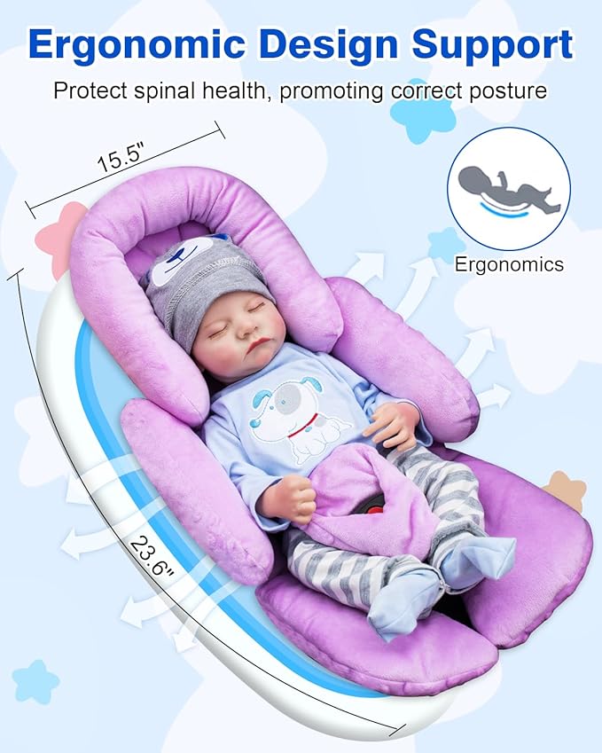 Infant Car Seat Insert with Shoulder Pads & Crocth Covers, Ultra Thick Carseat Head Support for Infant, Reversible Car Seat Insert for Newborn, Baby Car Seat Cushion for Stroller, Swing, Bouncer-BubblyBeeBaby
