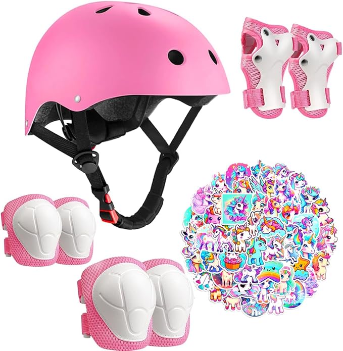 Kids Bike Helmet with Knee Elbow Wrist Pads Guards,Pink,for Ages 2-3-5-8-14,Sports Bicycle,Skate Scooter,Rollerblading with Unicorn Sticker-BubblyBeeBaby