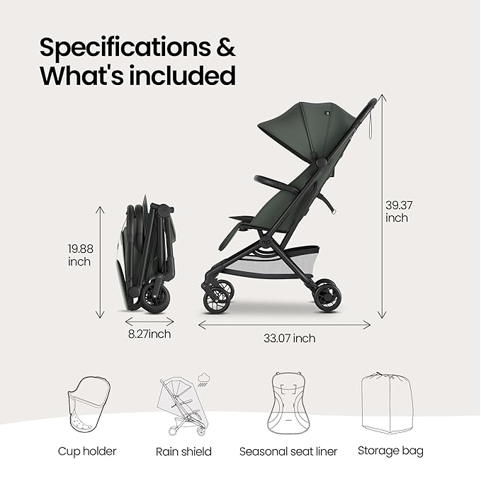 Mompush Velo Lightweight Travel Stroller – One-Hand Fold, Ultra-Compact & Airplane Friendly, Lie-Flat Recline Seat (from Birth to 50 lbs), Includes Cup Holder, Shoulder Strap, and Leather Bumper Bar-BubblyBeeBaby
