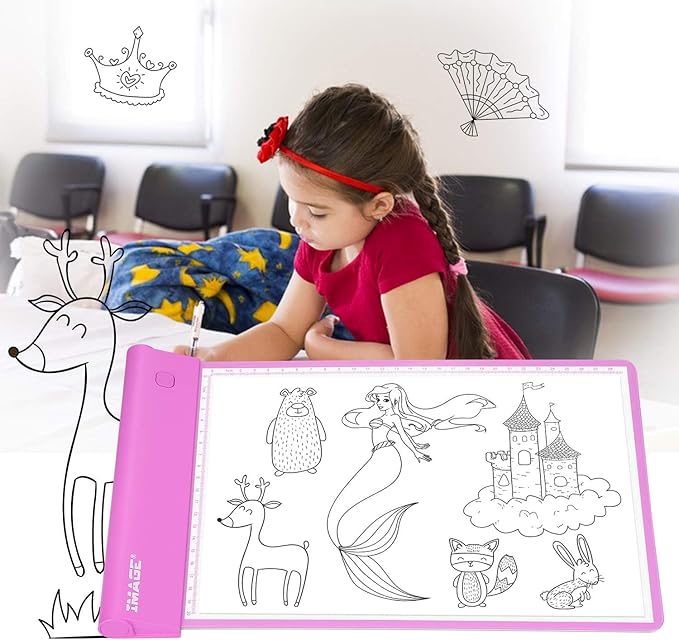 IMAGE Light Up Tracing Pad Pink Drawing Tablet Coloring Board for Kids Children to for Girls Boy (Includes 10 Traceable Sheets and Two Clips)-BubblyBeeBaby