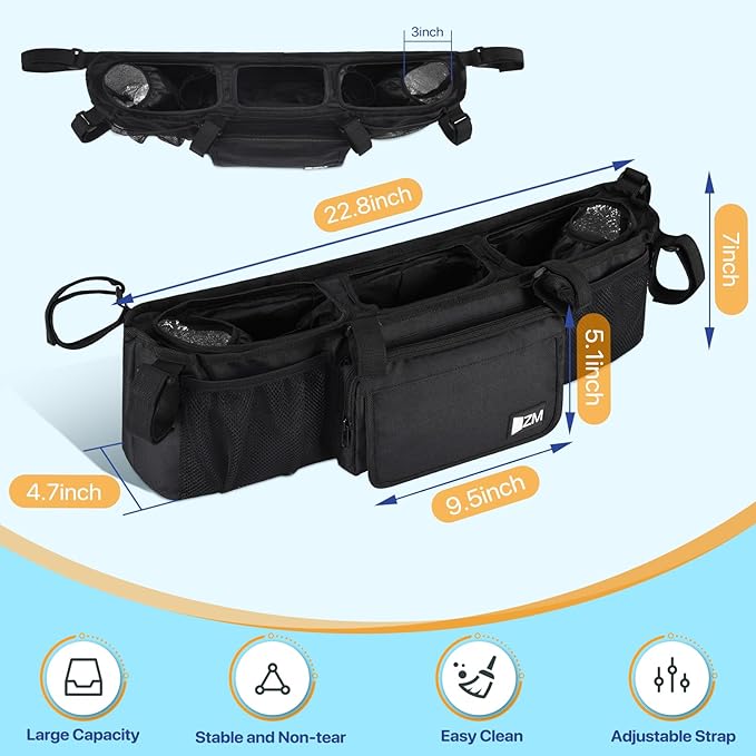 ZZM Double Stroller Organizer for Bob Duallie and Baby Jogger City Mini GT2, Double Baby Stroller Accessories with 2 Cooler Pockets, Parent Console Double Jogging Stroller Organizer(Empty Bag)-BubblyBeeBaby