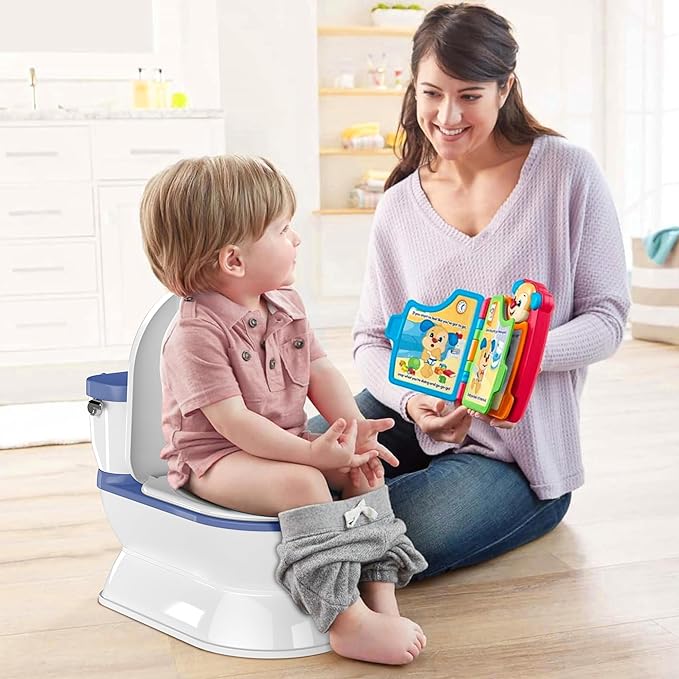 2-in-1 Toddler Potty Training Toilet - Larger Potty Chair & Detachable Training Seat for Boys & Girls Ages 1-3 with Flushing Sound, Wipes Storage, Toilet Paper Holder - Blue-BubblyBeeBaby