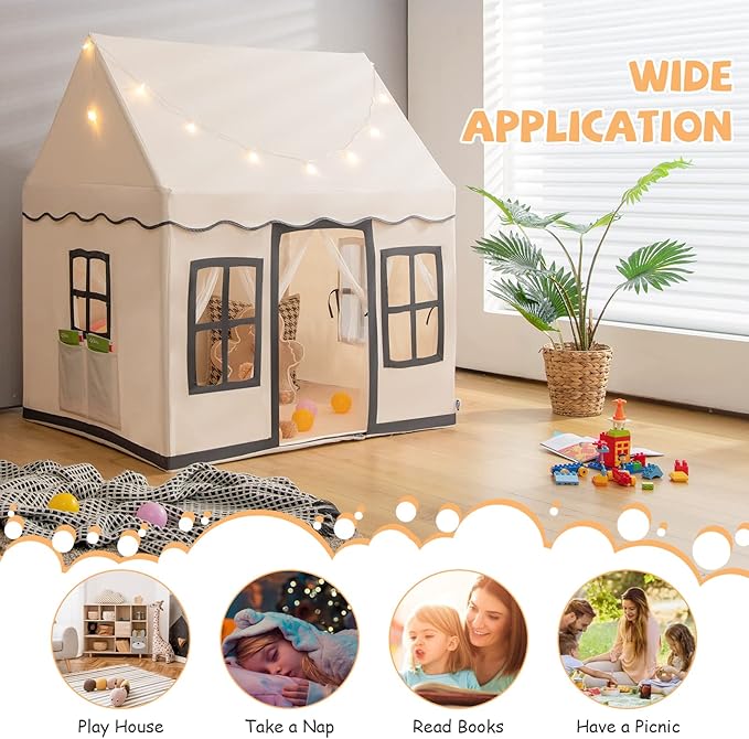 INFANS Kids Play Tent with Washable Mat Star Light Windows, Anti-Trip Large Playhouse Toys for Children Boys Girls, Indoor Outdoor Princess Tents Castle for Toddlers (Black)-BubblyBeeBaby