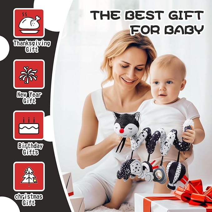Jollybaby Crib Stroller Car Seat Toys for Baby 0-3-6-9-12 Months, Tummy Time Hanging Sensory Toys for Newborn with Music Box and Teether, Spiral Carseat Toy for Infant Boy Girl Gift (Black and White)-BubblyBeeBaby