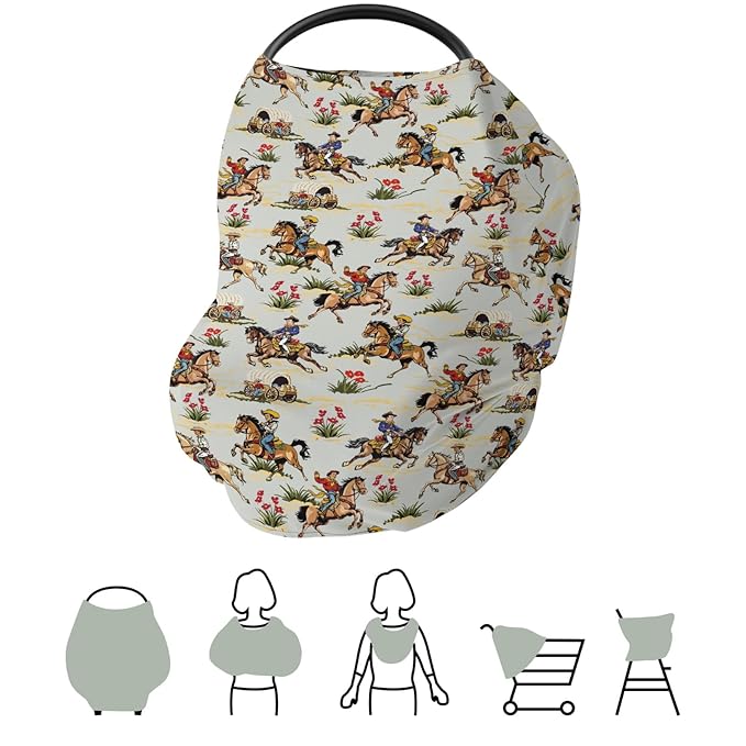 Vintage Cowboy Floral Car Seat Cover for Baby Western Cowboy Horse Stretchy 5-in-1 Covers Adjustable Car Canopy Cover Wild West Desert Breathable Nursing Cover-Up-BubblyBeeBaby