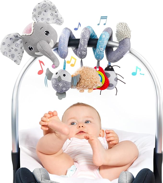 Jollybaby Baby Car Seat Stroller Toys, Plush Activity Hanging Spiral Activity Pram Crib with Music Box, Rattles, Squeaker for Babies Infant Boys Girls (SZ Gray Elephant)-BubblyBeeBaby